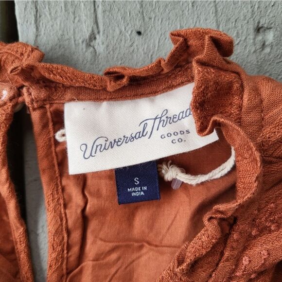 Universal Thread Burnt Orange Puff Sleeve 100% Cotton Embroidered Dress Small - Picture 9 of 10